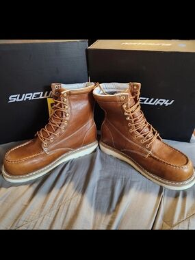 Sureway Men's Light Brown Leather Steel Toe Work Boots Size 10"